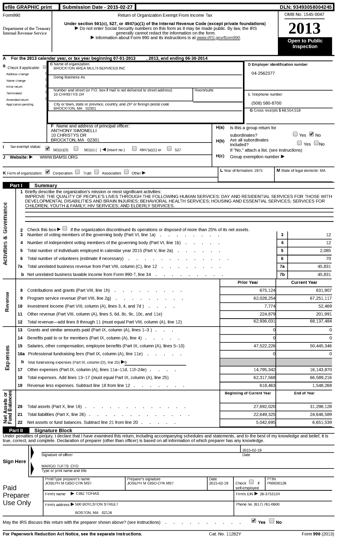 Image of first page of 2013 Form 990 for Brockton Area Multi-Services (BAMSI)