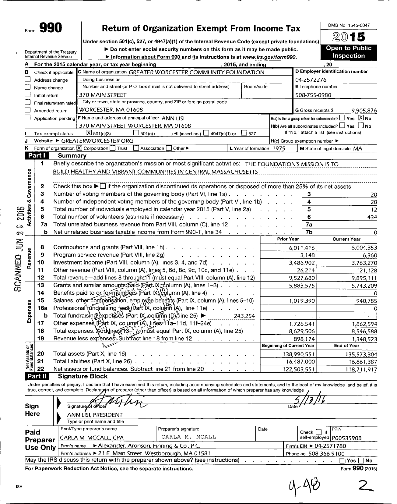 Image of first page of 2015 Form 990 for Greater Worcester Community Foundation