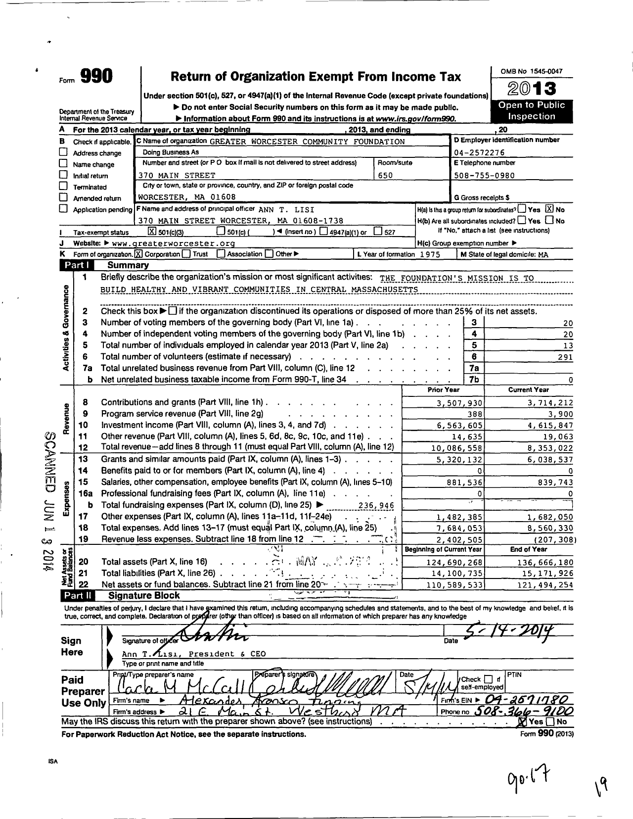 Image of first page of 2013 Form 990 for Greater Worcester Community Foundation
