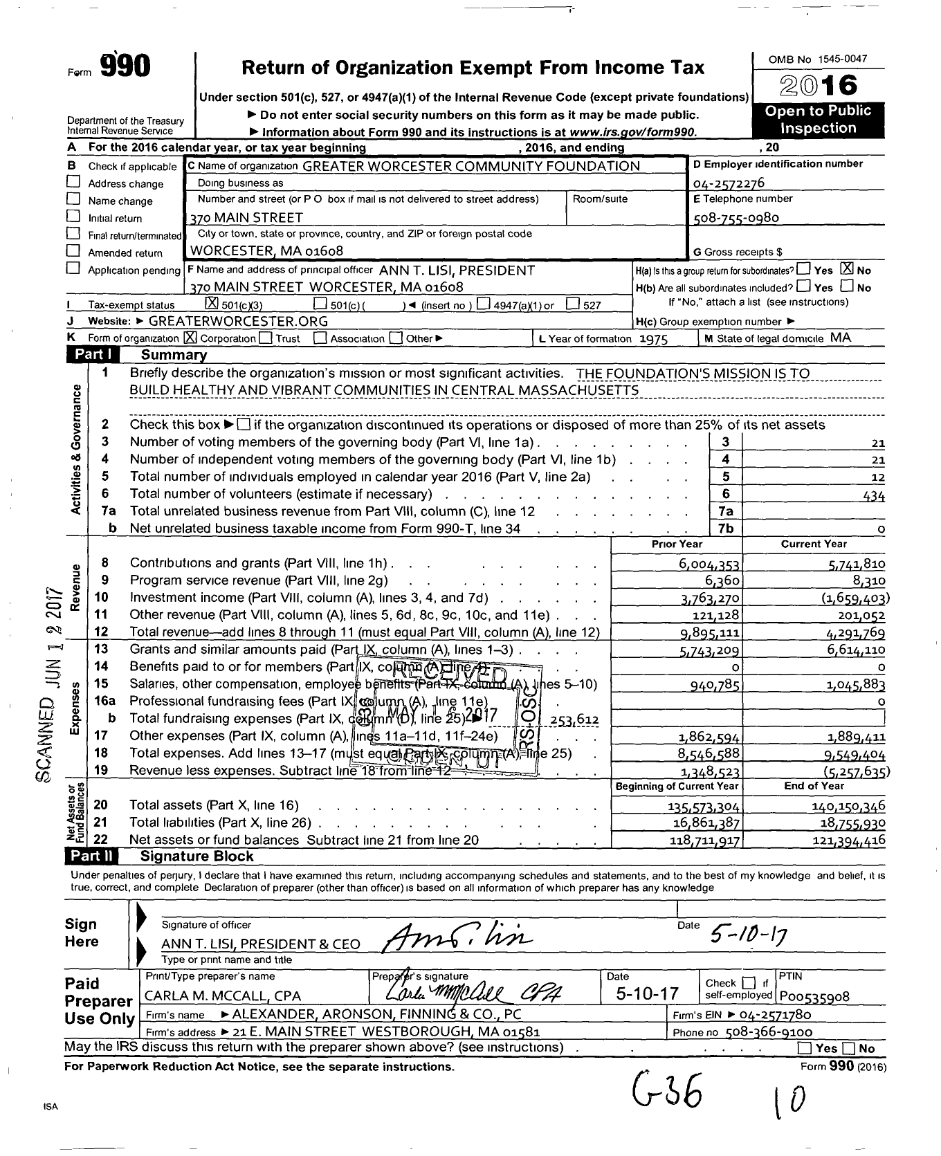 Image of first page of 2016 Form 990 for Greater Worcester Community Foundation