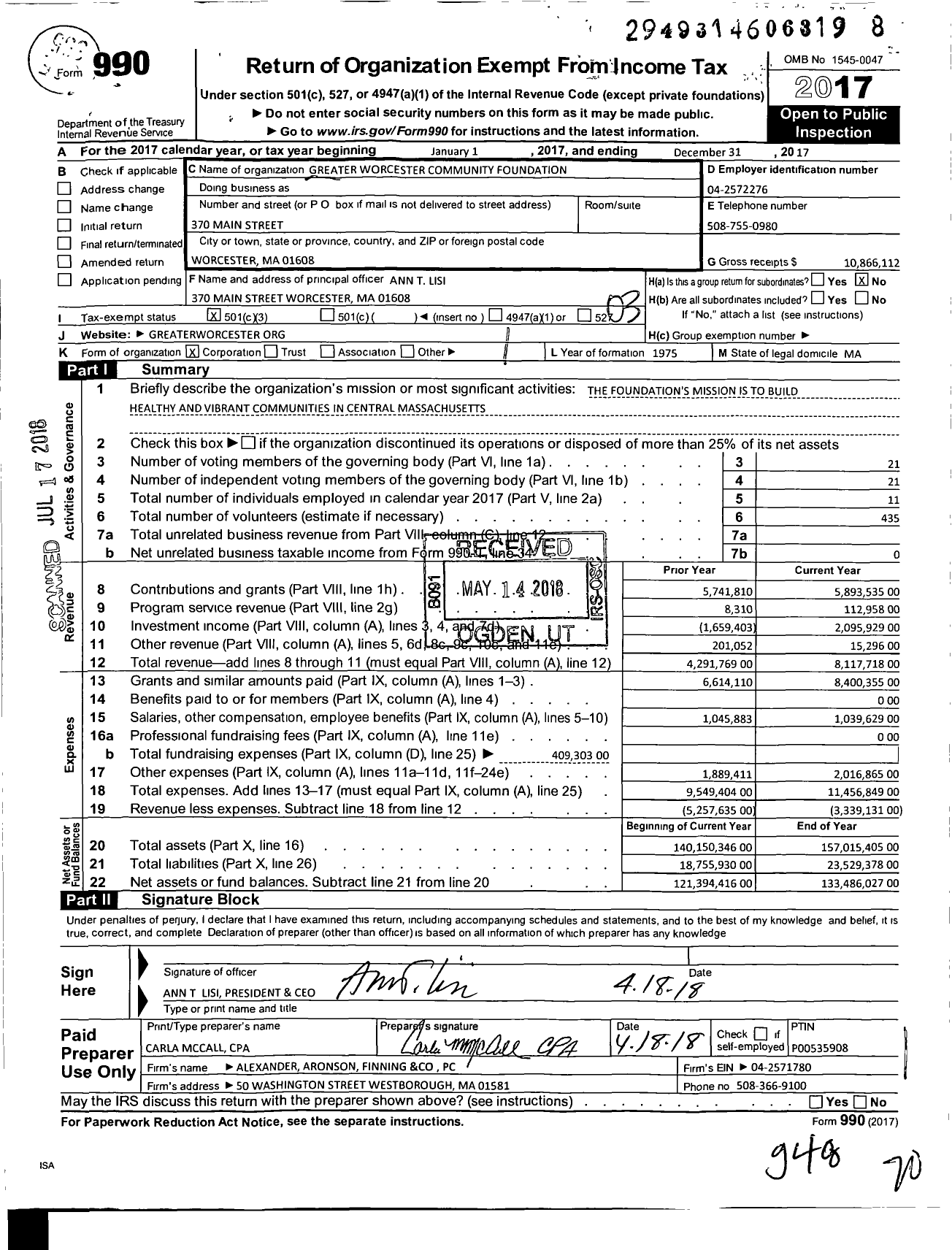 Image of first page of 2017 Form 990 for Greater Worcester Community Foundation