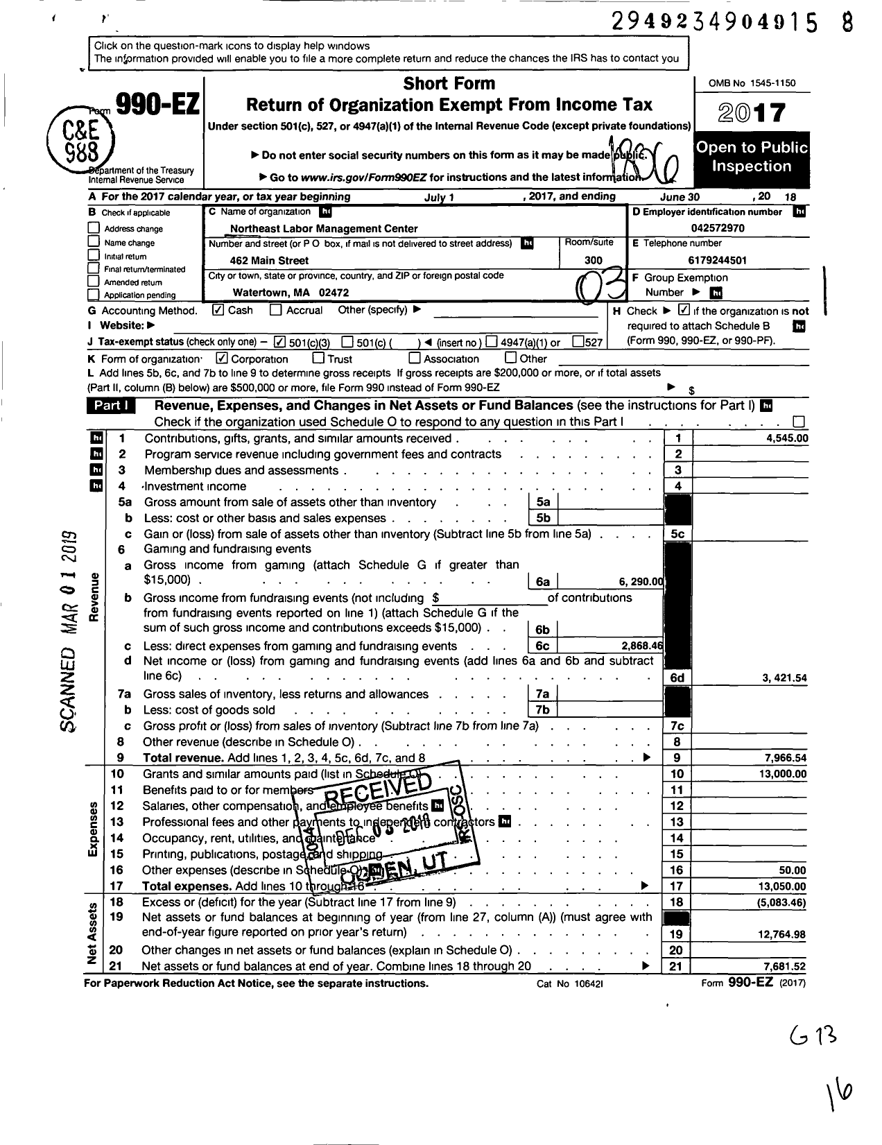 Image of first page of 2017 Form 990EZ for Northeast Labor Management Center