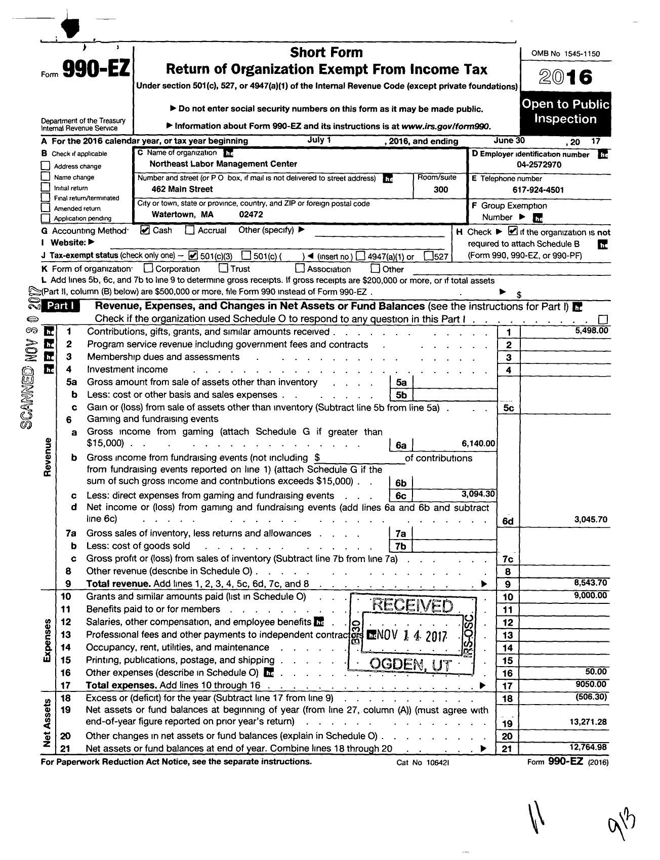 Image of first page of 2016 Form 990EZ for Northeast Labor Management Center