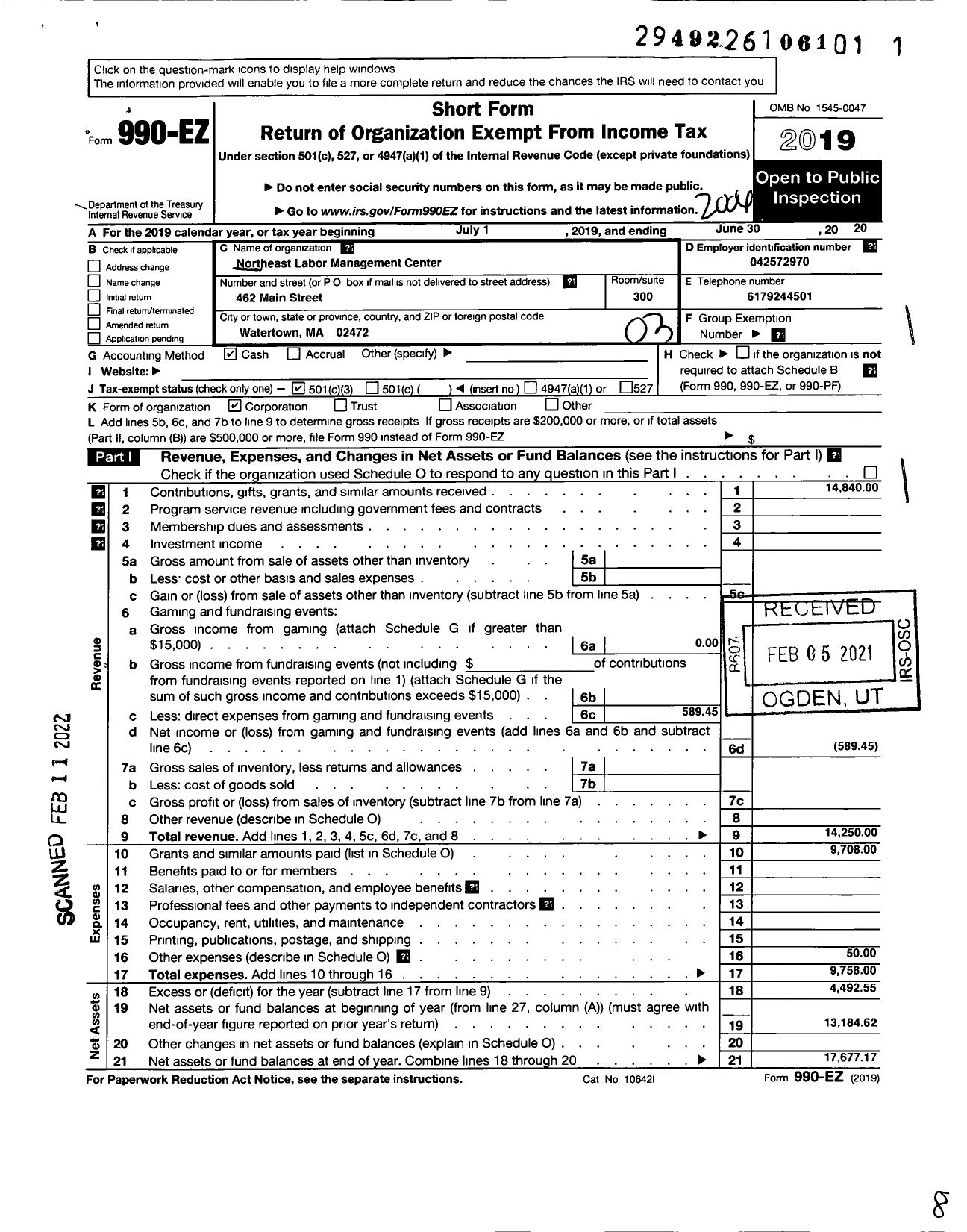 Image of first page of 2019 Form 990EZ for Northeast Labor Management Center