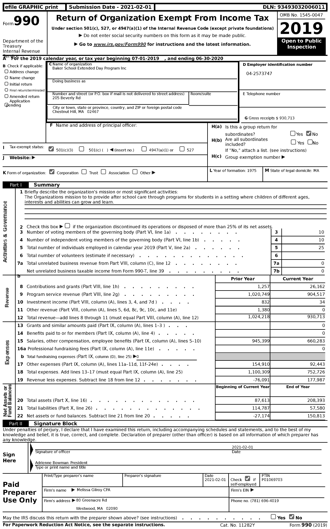 Image of first page of 2019 Form 990 for Baker School Extended Day Program