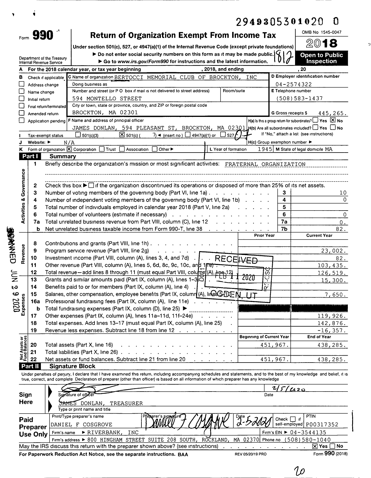 Image of first page of 2018 Form 990O for Bertocci Memorial Club of Brockton