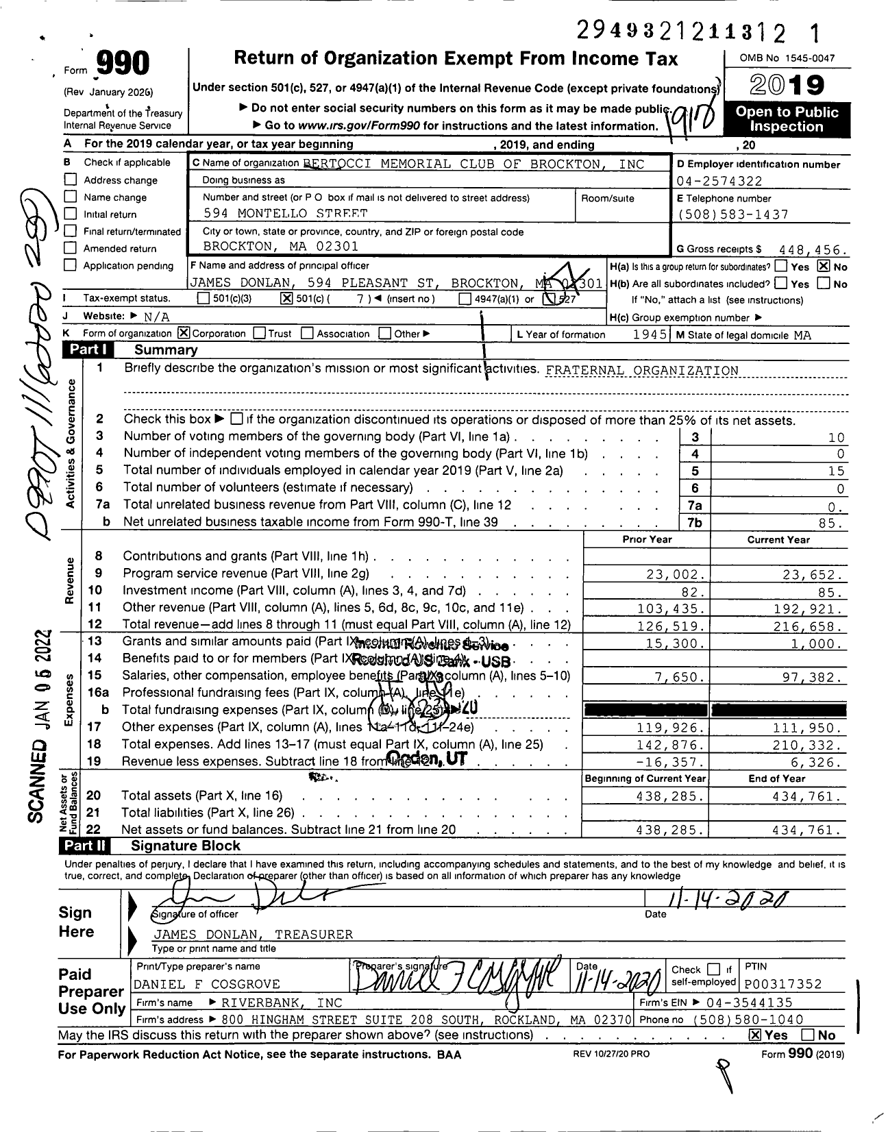 Image of first page of 2019 Form 990O for Bertocci Memorial Club of Brockton