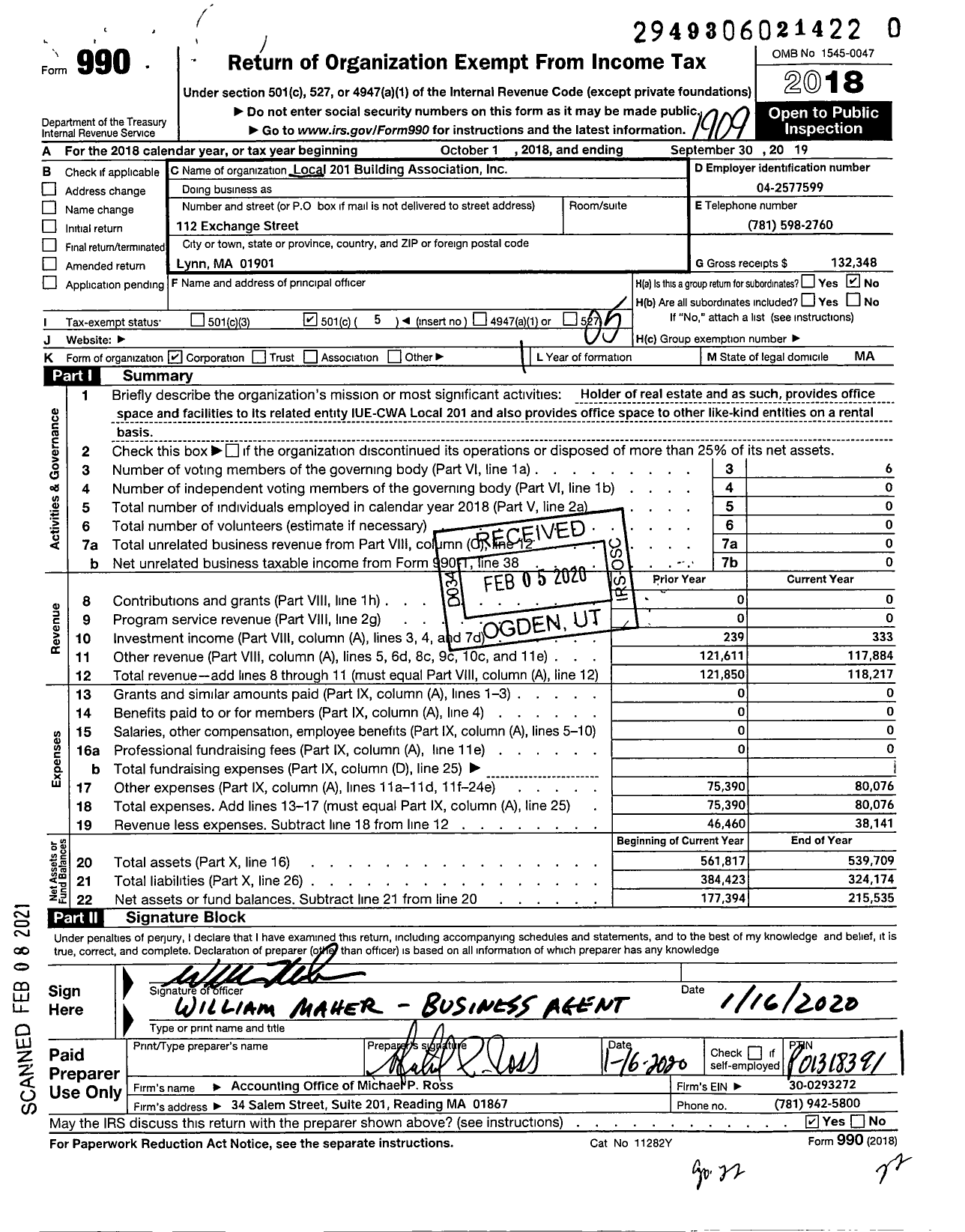 Image of first page of 2018 Form 990O for Local 201 Building Association