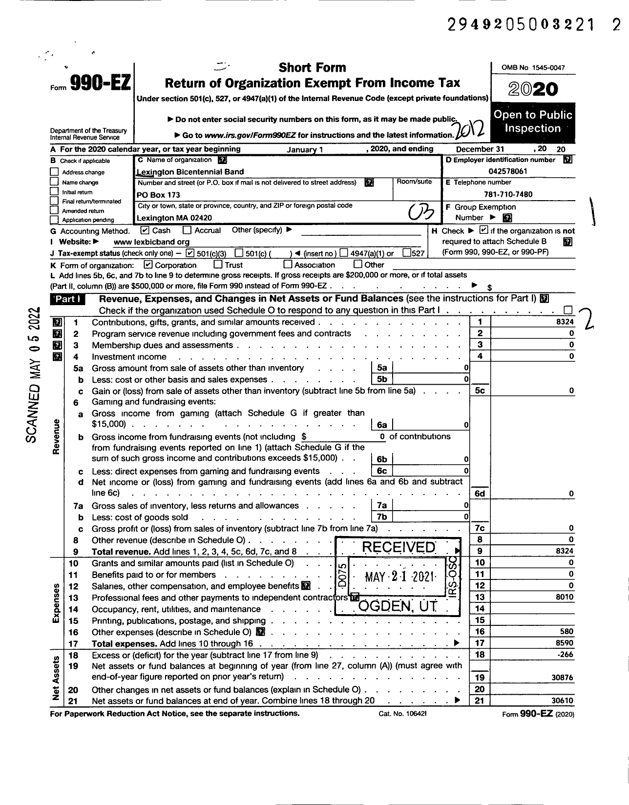 Image of first page of 2020 Form 990EZ for Lexington Bicentennial Band