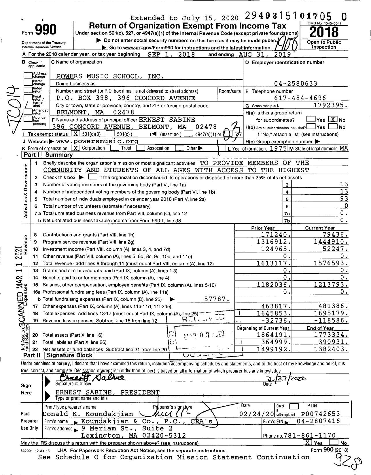 Image of first page of 2018 Form 990 for Powers Music School