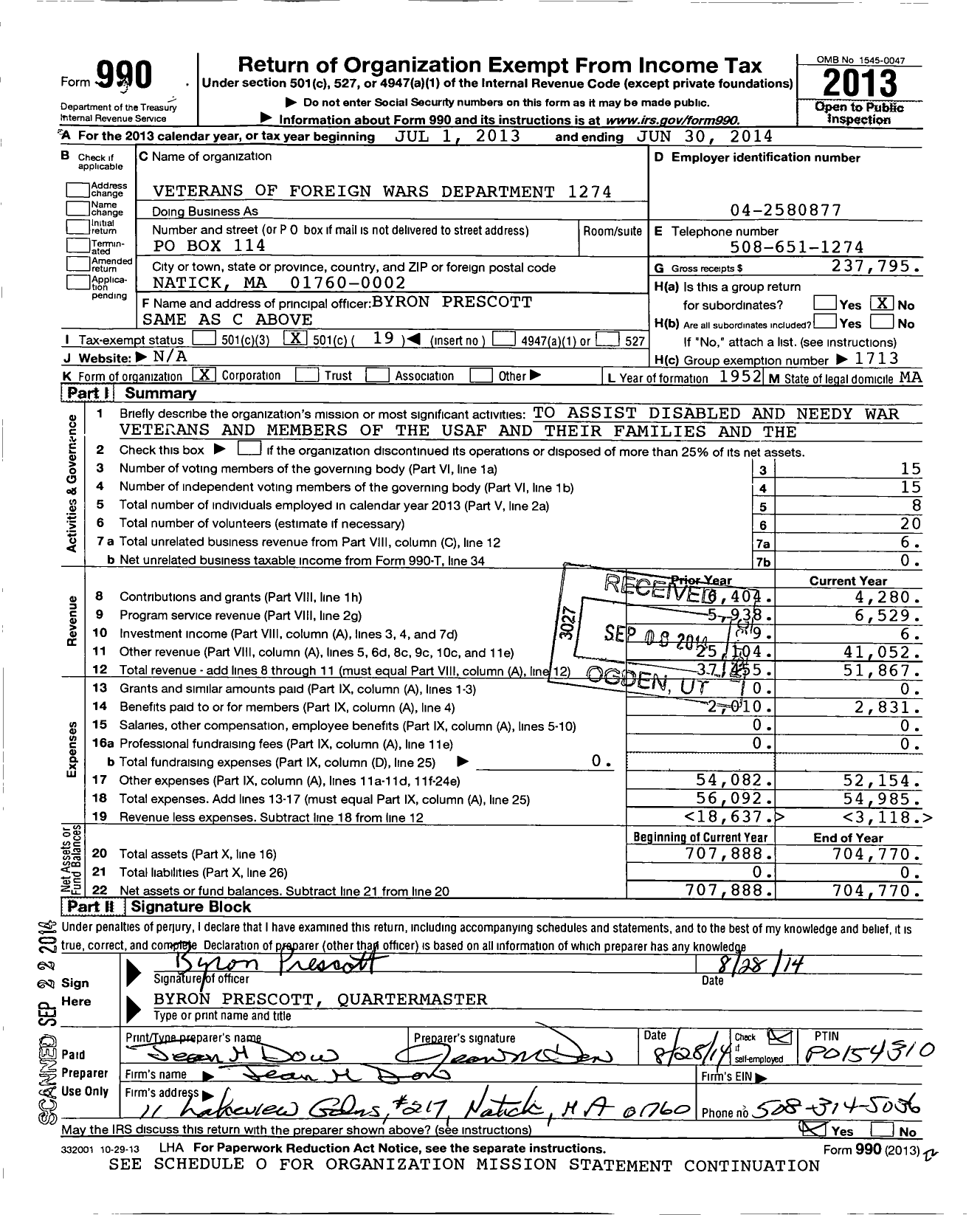 Image of first page of 2013 Form 990O for VFW Department of Massachusetts - 1274