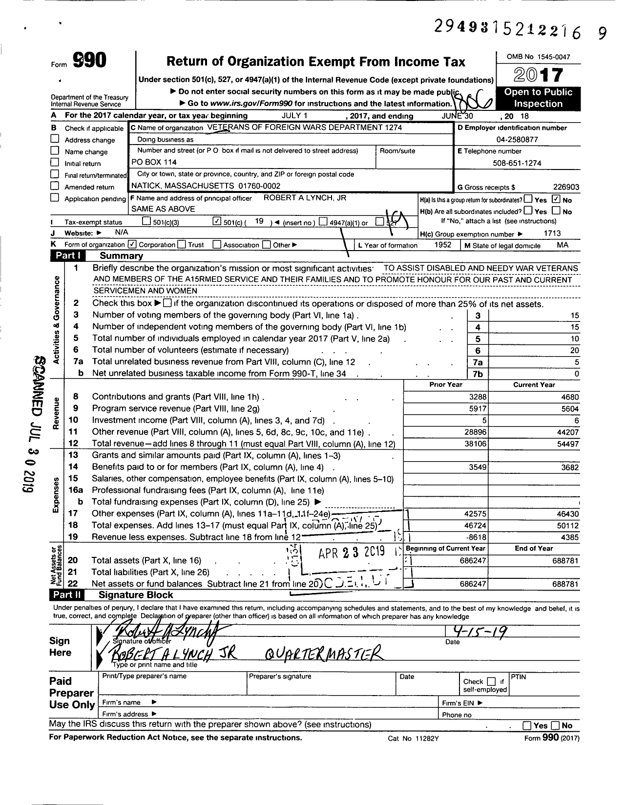 Image of first page of 2017 Form 990O for VFW Department of Massachusetts - 1274