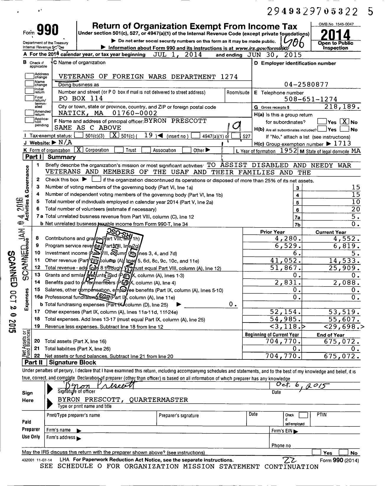 Image of first page of 2014 Form 990O for VFW Department of Massachusetts - 1274