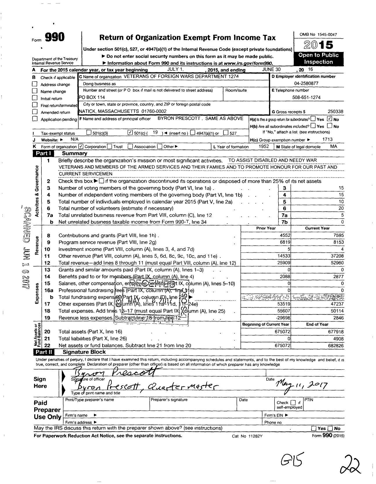 Image of first page of 2015 Form 990O for VFW Department of Massachusetts - 1274