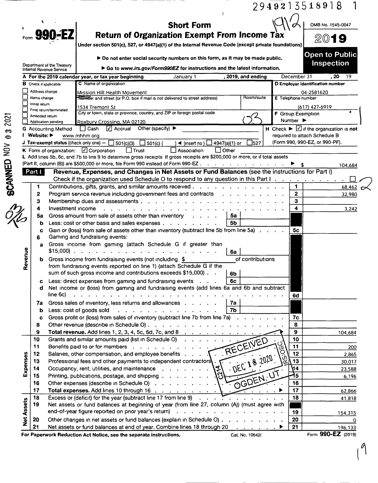 Image of first page of 2019 Form 990EZ for Mission Hill Health Movement