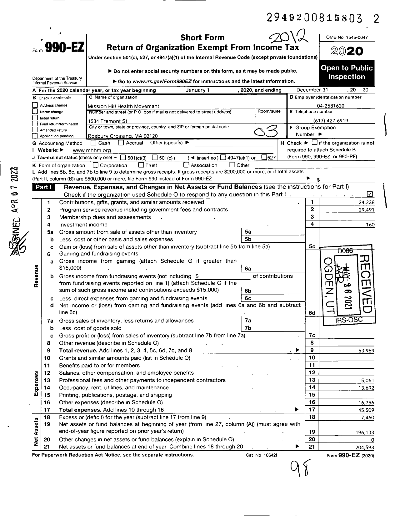 Image of first page of 2020 Form 990EZ for Mission Hill Health Movement