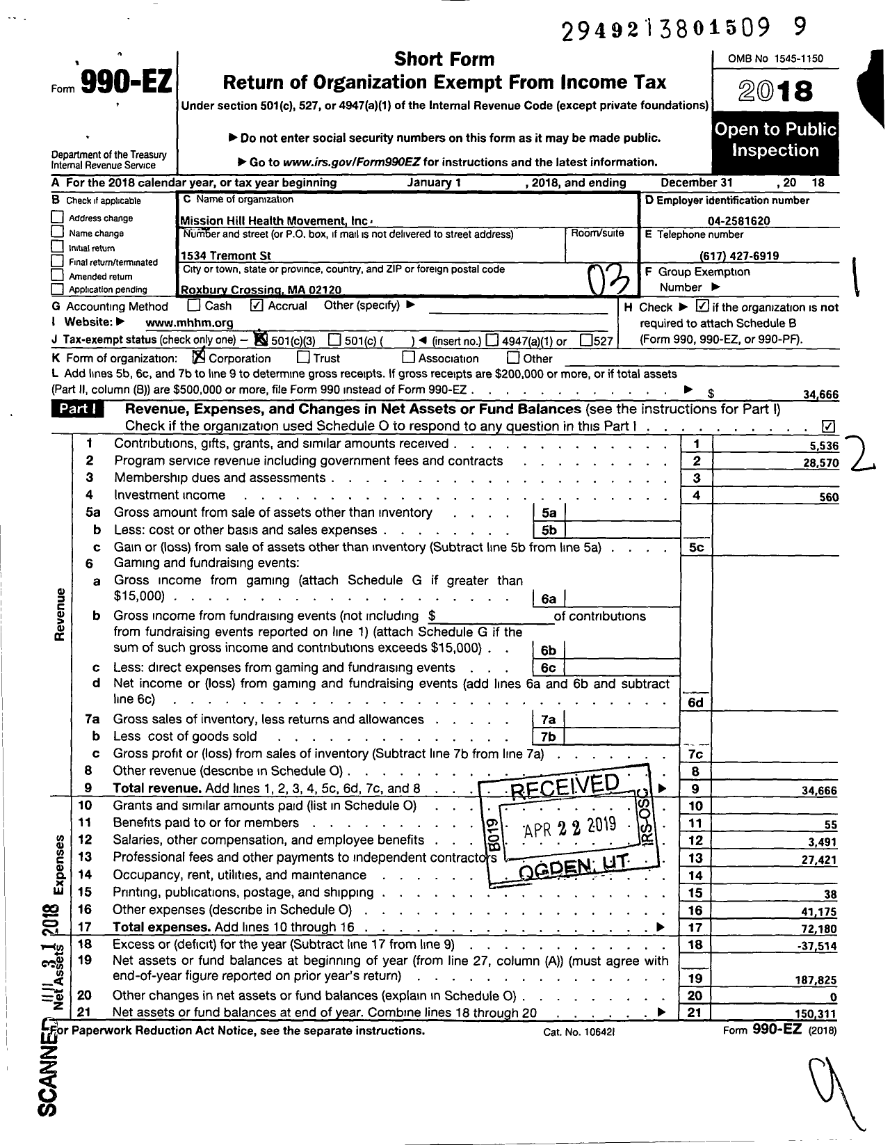 Image of first page of 2018 Form 990 for Mission Hill Health Movement