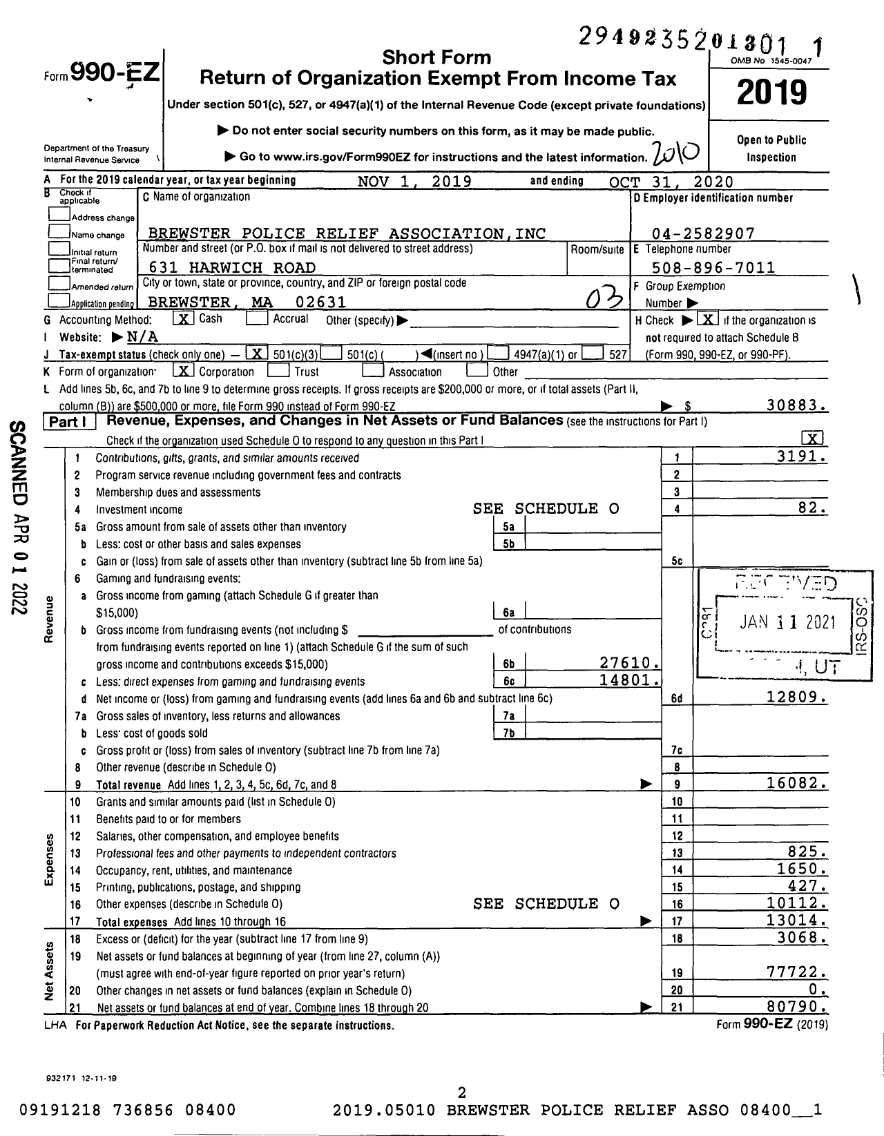 Image of first page of 2019 Form 990EZ for Brewster Police Relief Associationinc