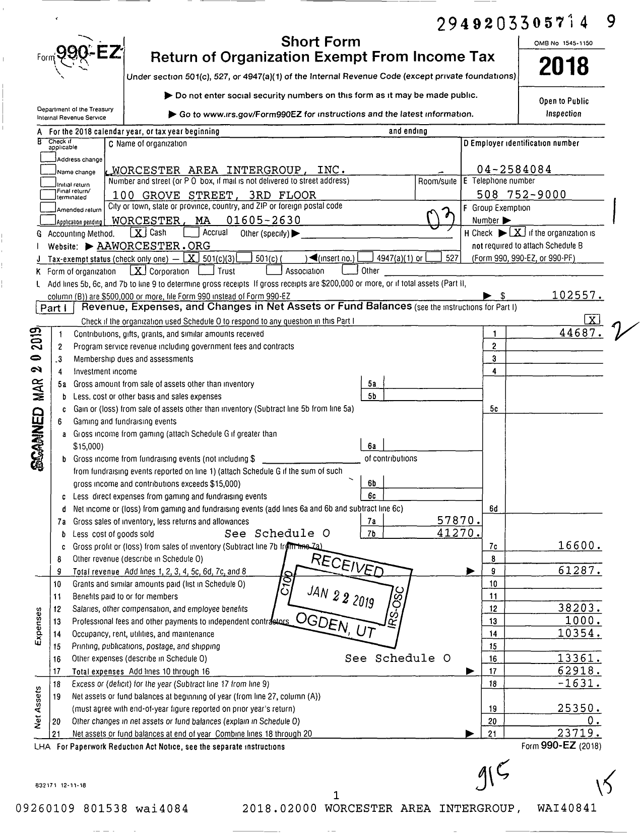 Image of first page of 2018 Form 990EZ for Worcester Area Intergroup