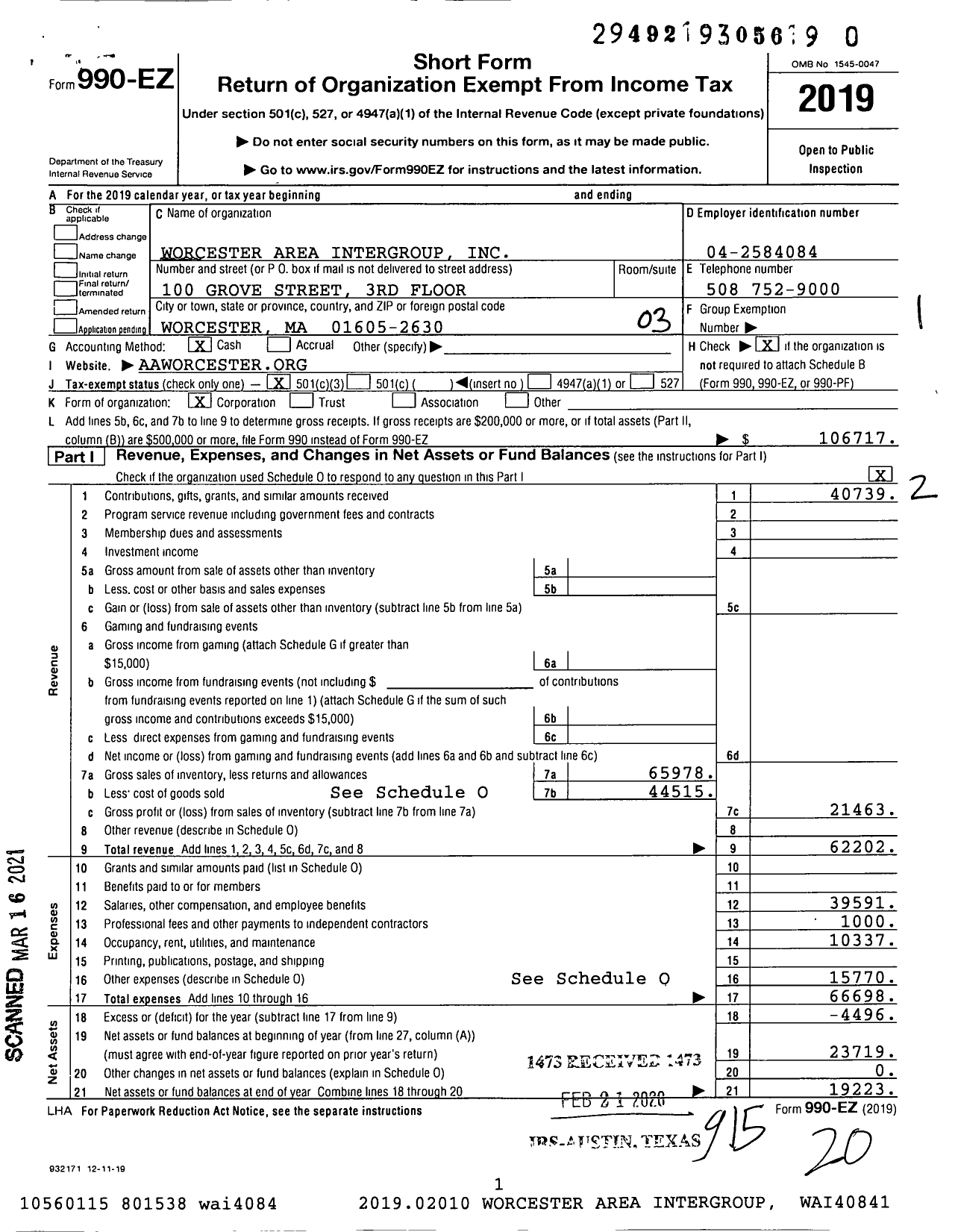 Image of first page of 2019 Form 990EZ for Worcester Area Intergroup