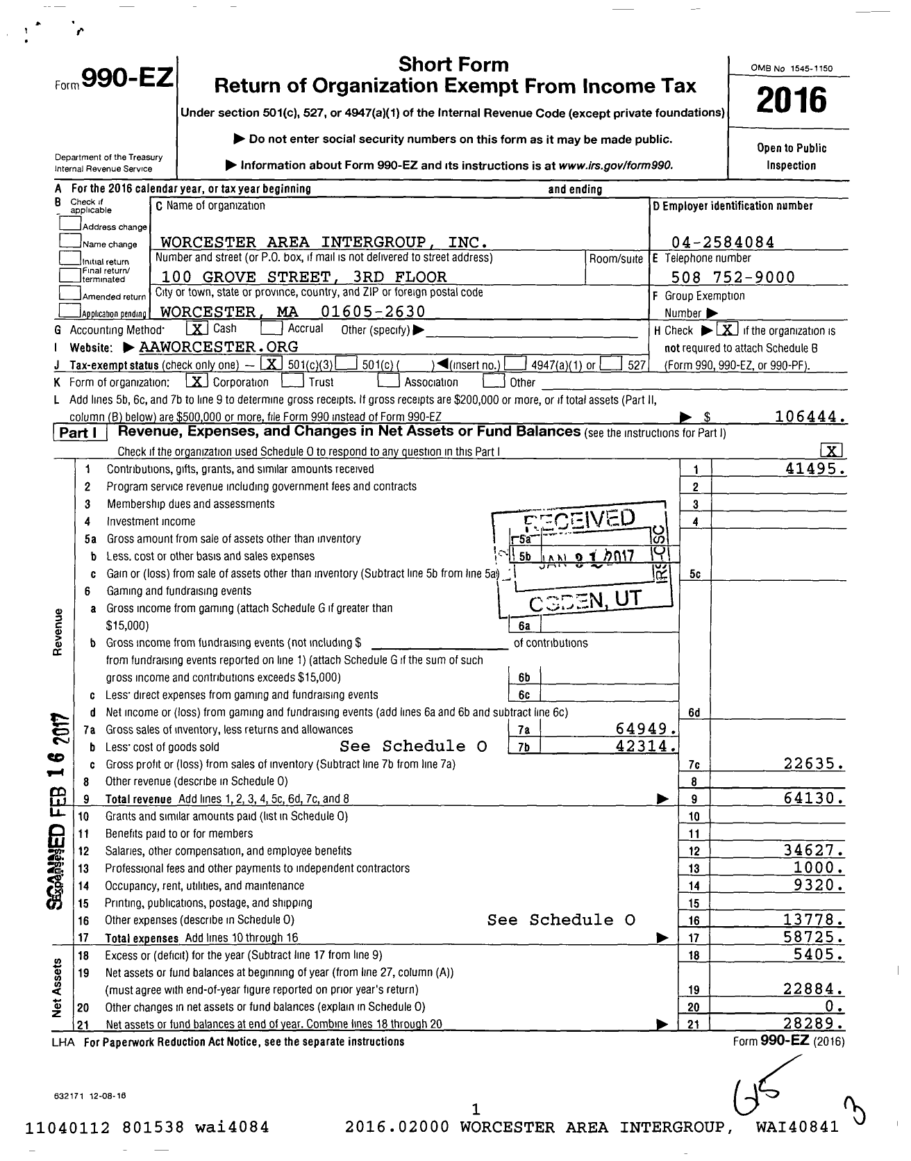 Image of first page of 2016 Form 990EZ for Worcester Area Intergroup