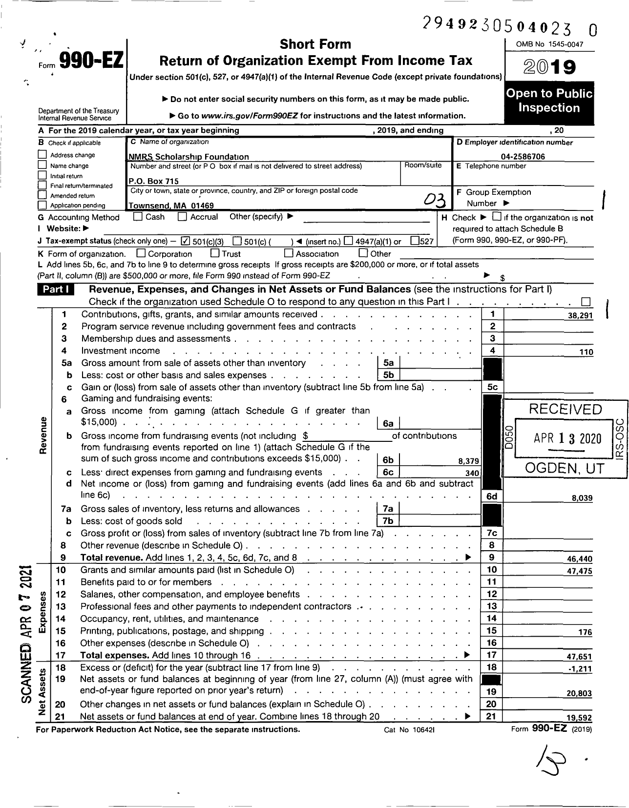 Image of first page of 2019 Form 990EZ for NMRS Scholarship Foundation