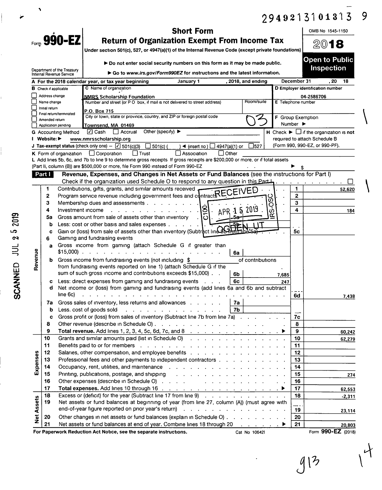 Image of first page of 2018 Form 990EZ for NMRS Scholarship Foundation