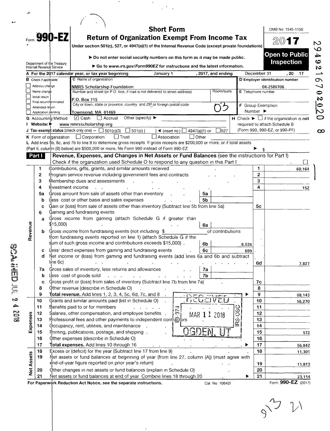 Image of first page of 2017 Form 990EZ for NMRS Scholarship Foundation