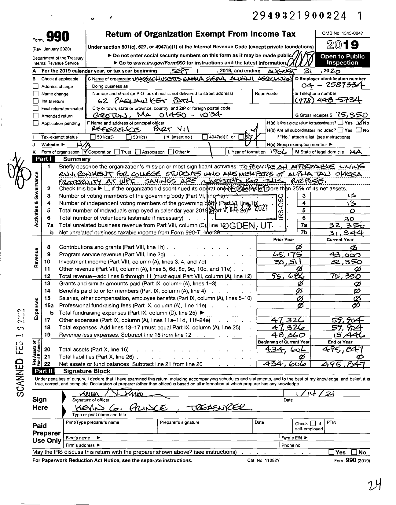 Image of first page of 2019 Form 990O for Alpha Tau Omega - Massachusetts Gamma Sigma Alum Asso