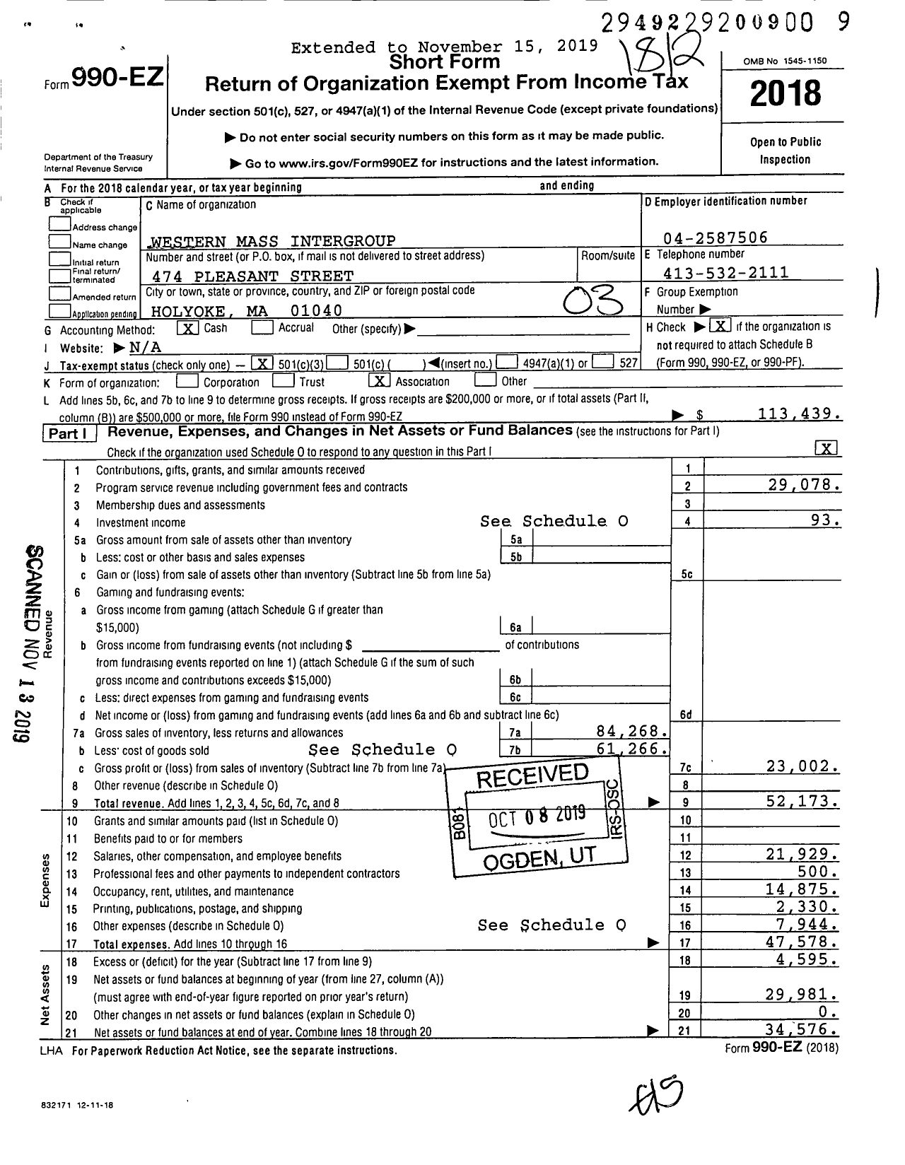 Image of first page of 2018 Form 990EZ for Western Mass Intergroup