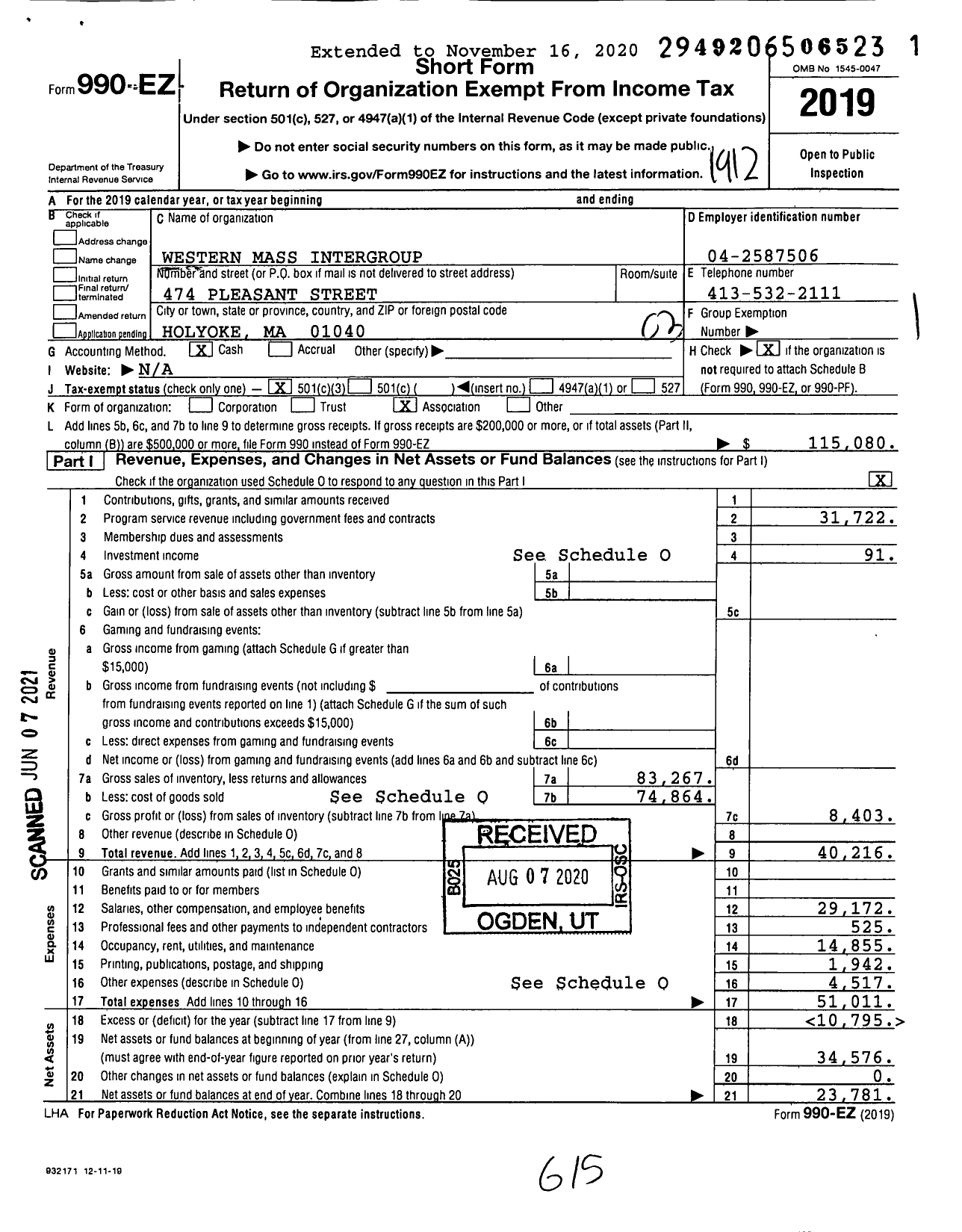 Image of first page of 2019 Form 990EZ for Western Mass Intergroup