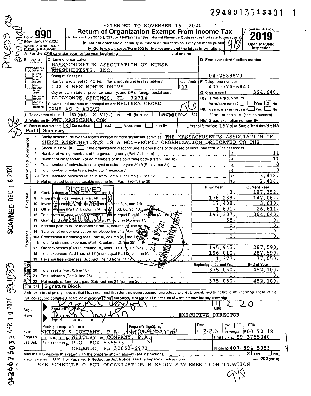 Image of first page of 2019 Form 990O for Massachusetts Association of Nurse Anesthetists