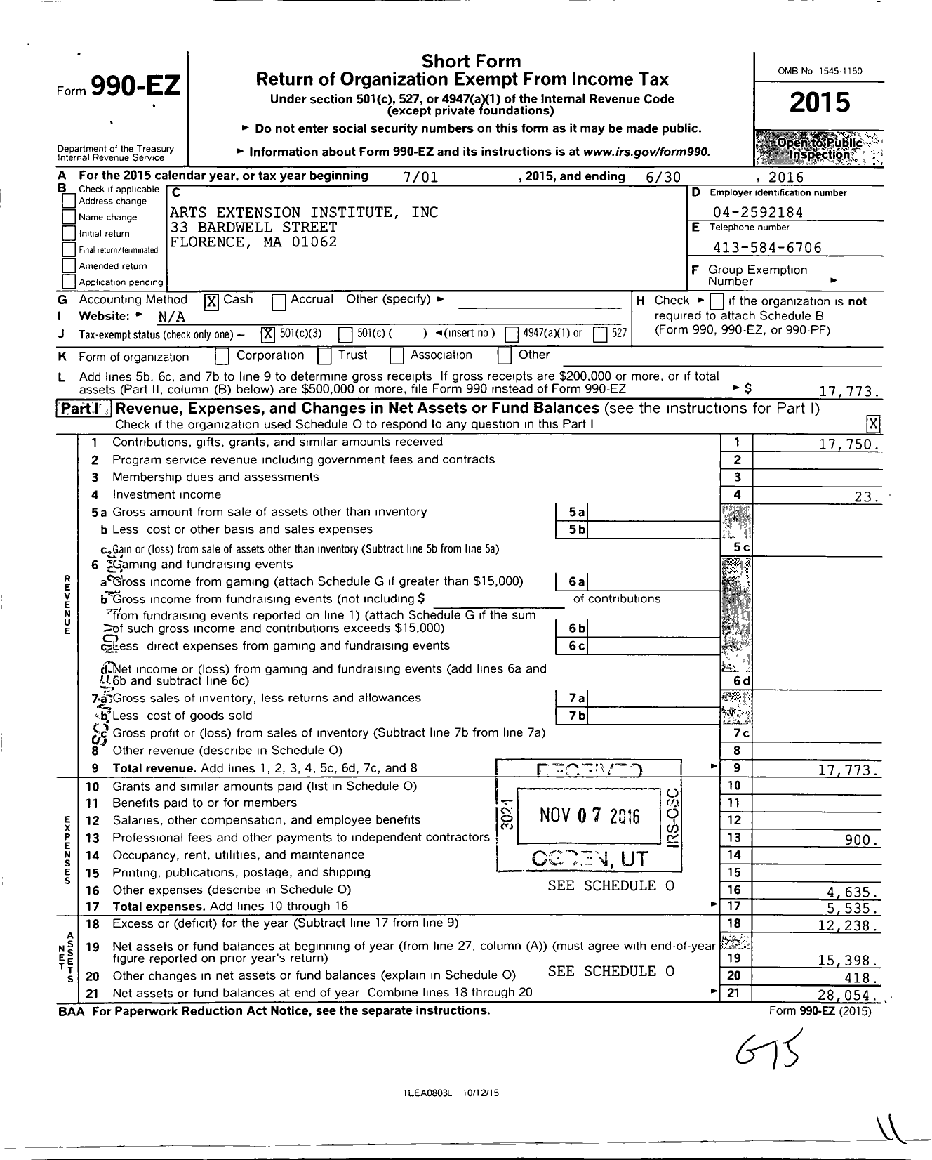 Image of first page of 2015 Form 990EZ for Arts Extension Institute