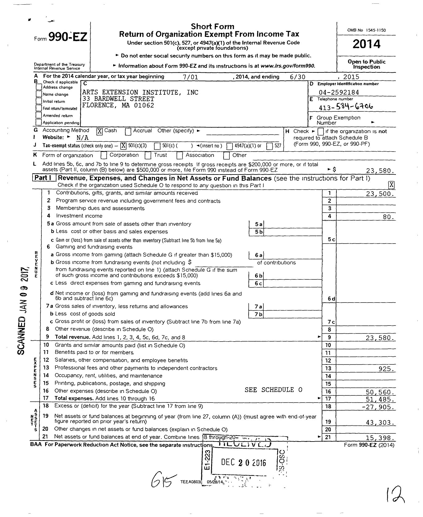 Image of first page of 2014 Form 990EZ for Arts Extension Institute