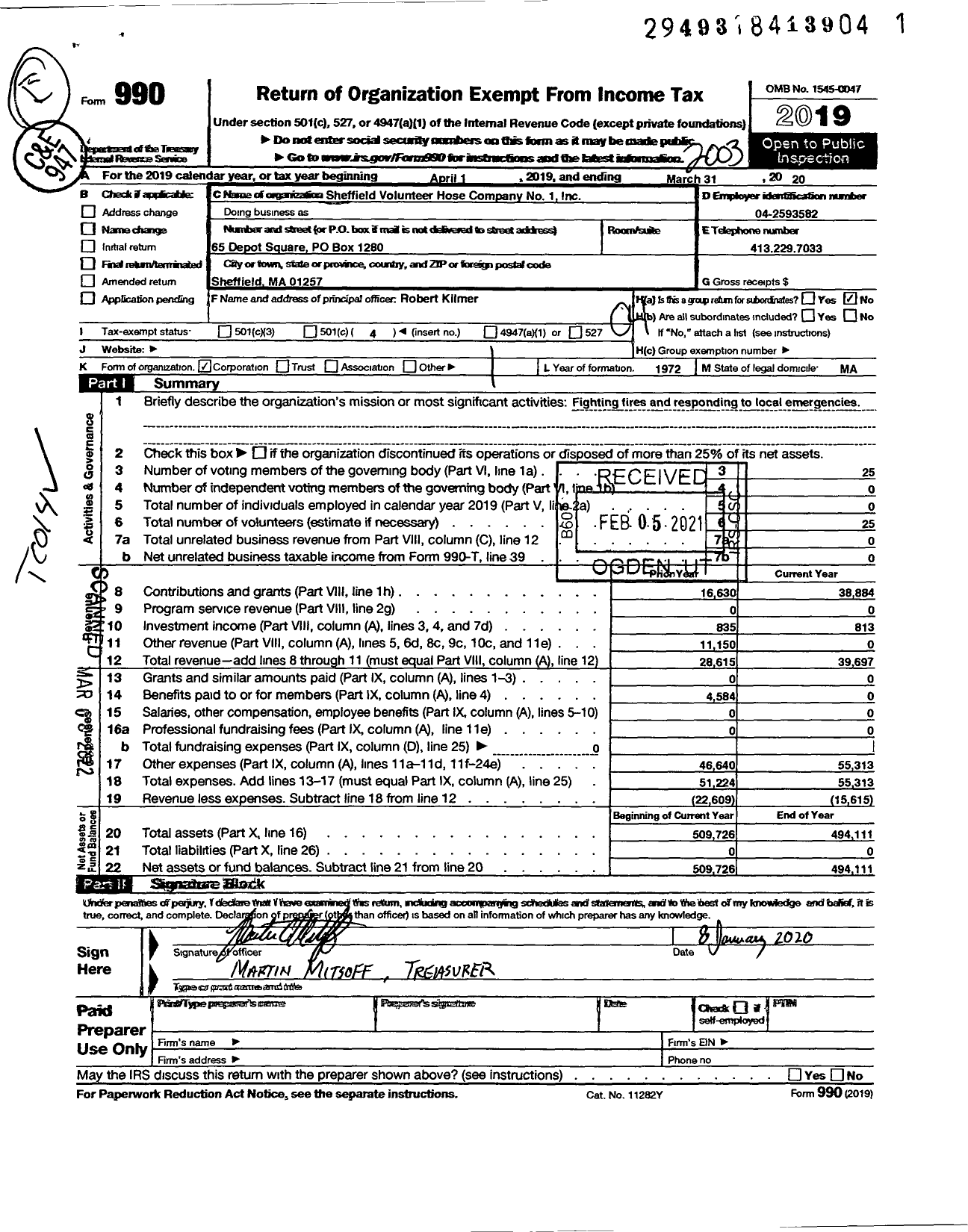 Image of first page of 2019 Form 990O for Sheffield Volunteer Hose Company No 1