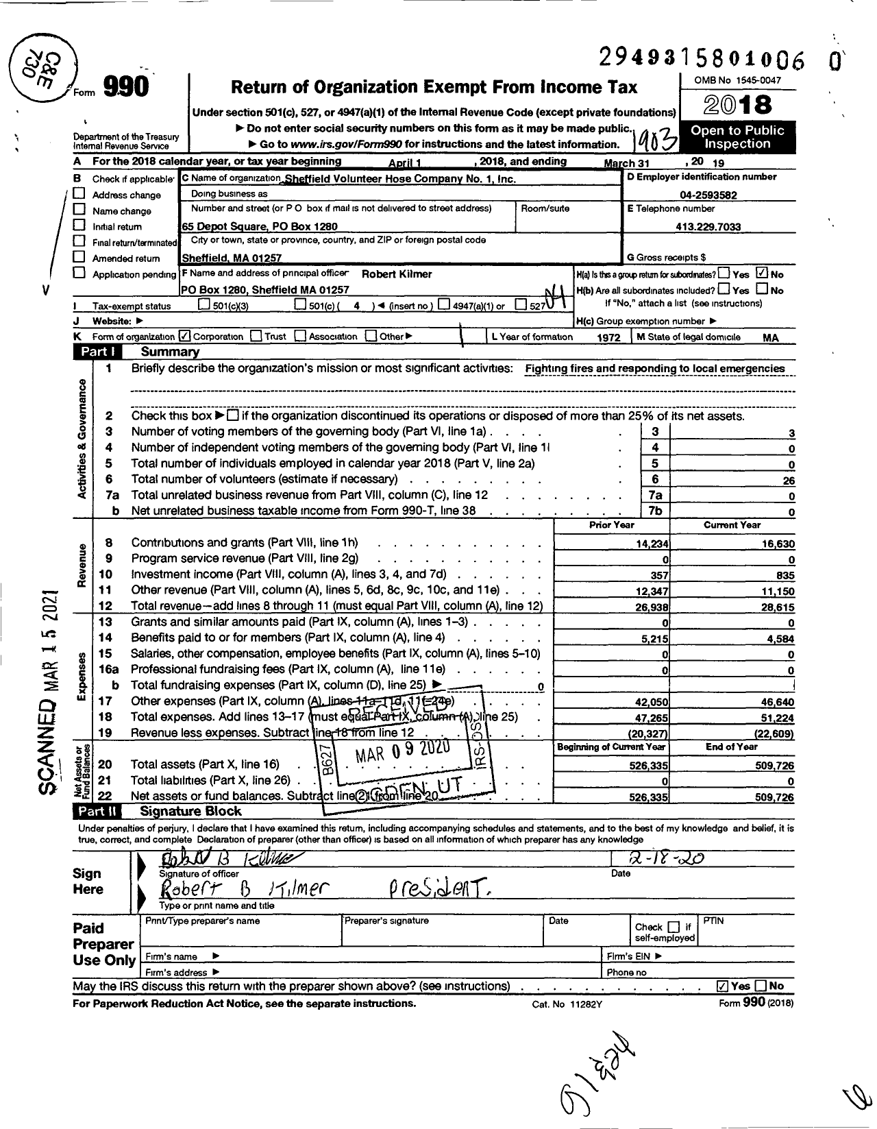 Image of first page of 2018 Form 990O for Sheffield Volunteer Hose Company No 1