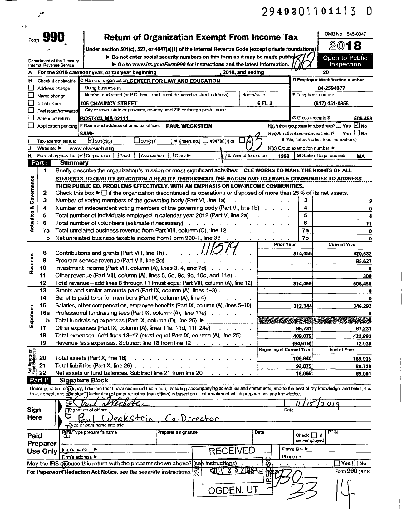 Image of first page of 2018 Form 990 for Center for Law and Education