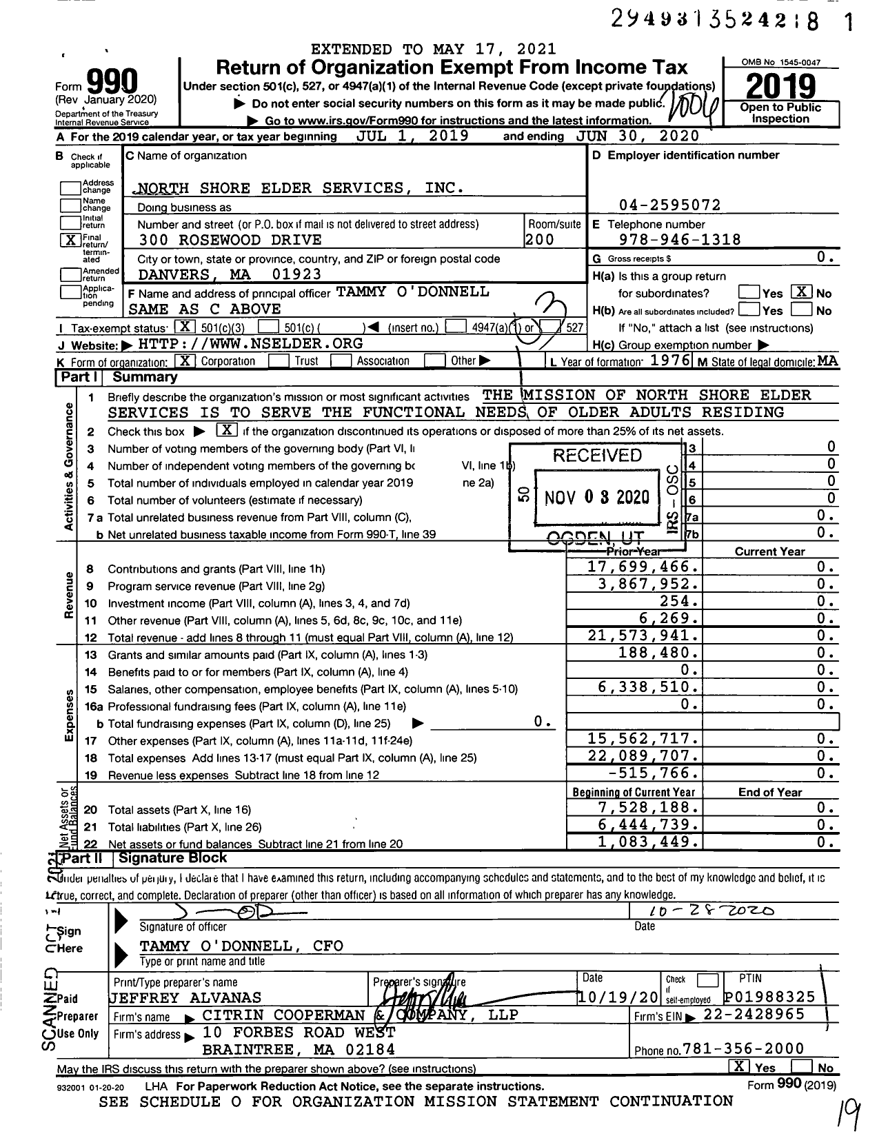 Image of first page of 2019 Form 990 for North Shore Elder Services (NSES)