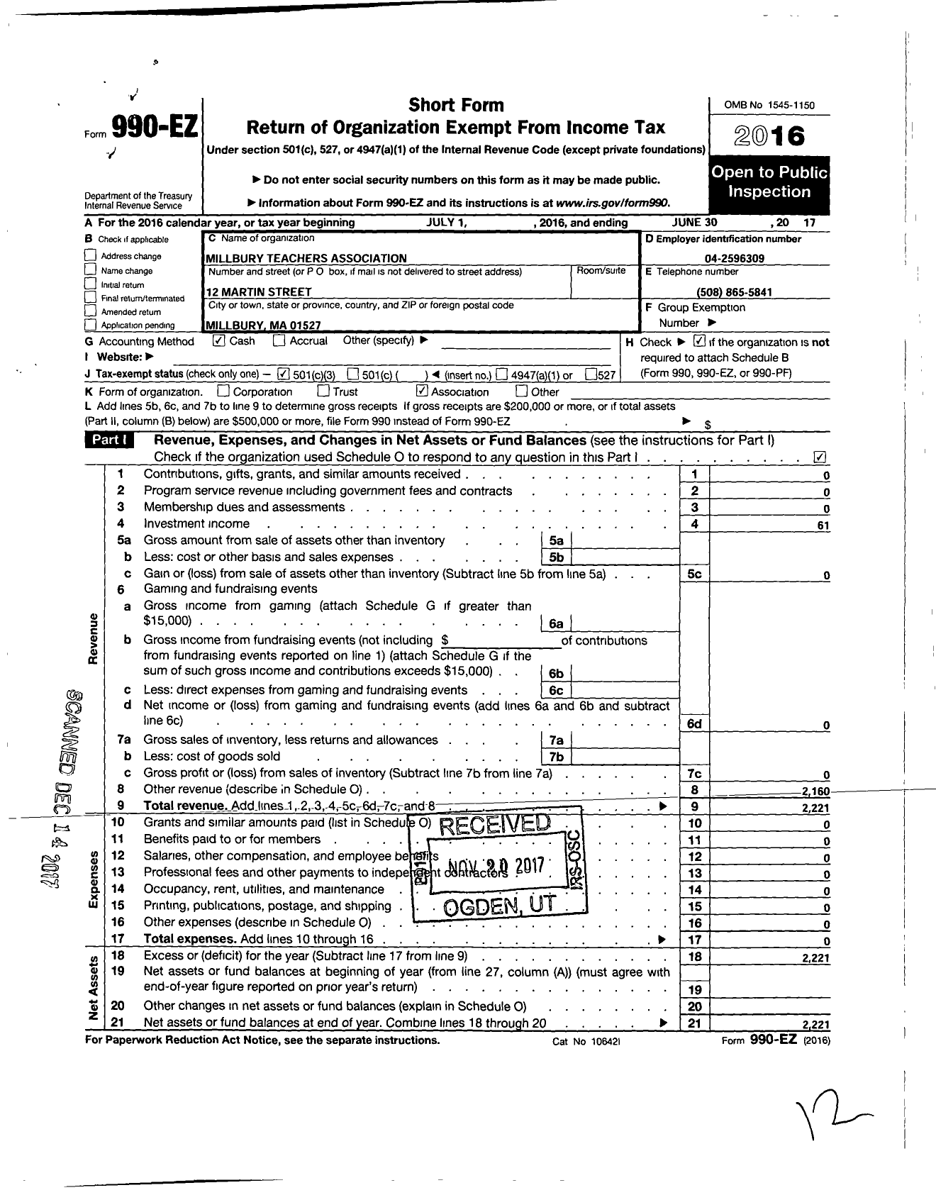 Image of first page of 2016 Form 990EZ for Massachusetts Teachers Association - 249 Millbury Teachers Assn