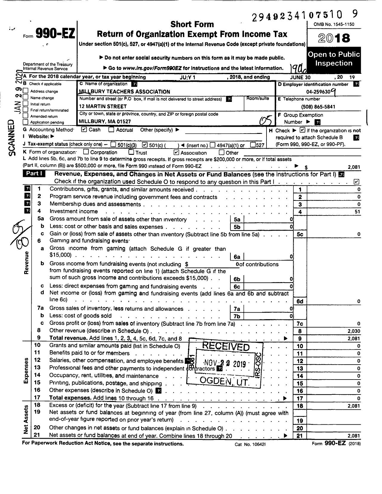 Image of first page of 2018 Form 990EO for Massachusetts Teachers Association - 249 Millbury Teachers Assn