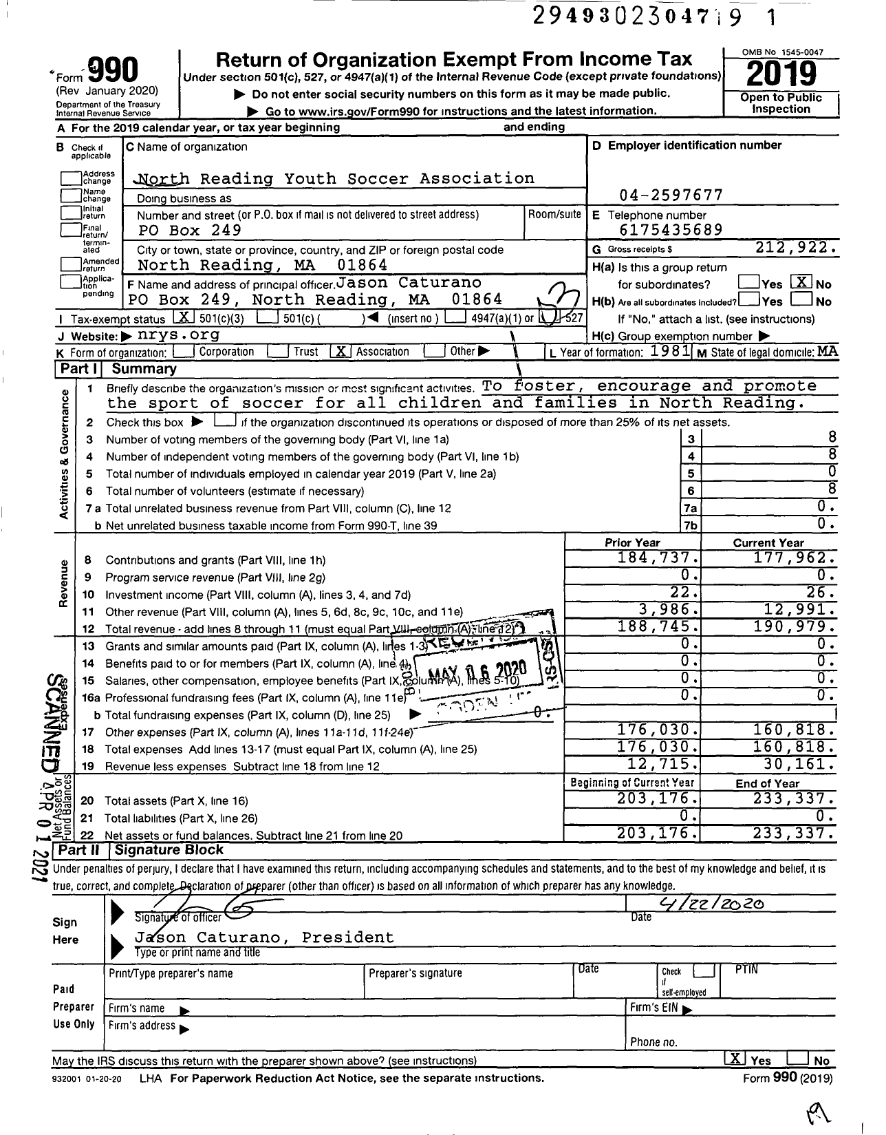 Image of first page of 2019 Form 990 for North Reading Youth Soccer Association