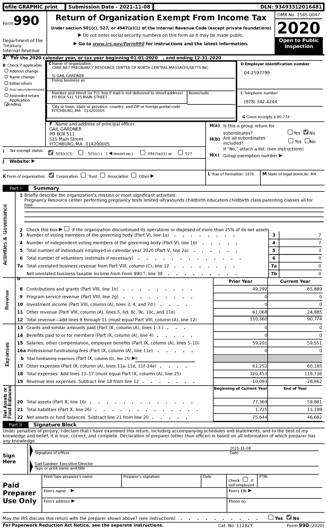 Image of first page of 2020 Form 990 for Carenet Net Pregnancy Resource Center of North Central Massachusetts