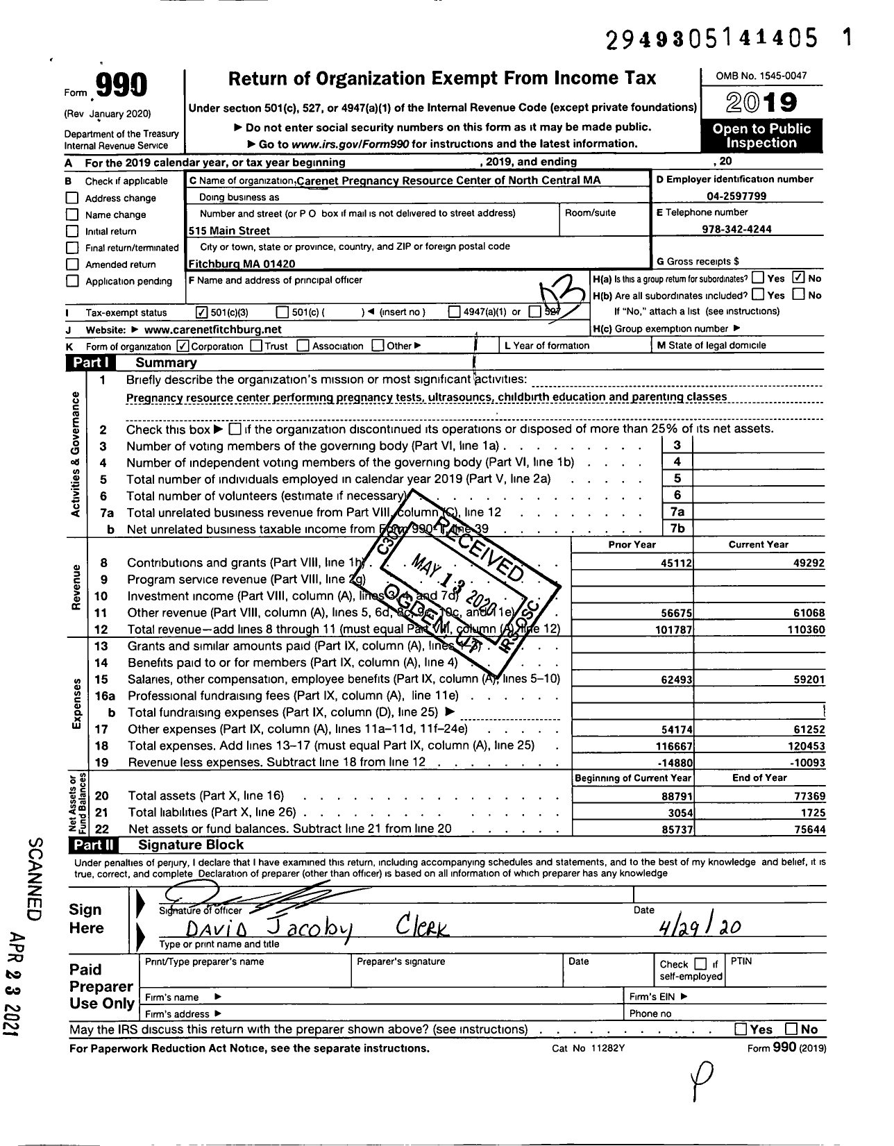 Image of first page of 2019 Form 990 for Carenet Net Pregnancy Resource Center of North Central Massachusetts