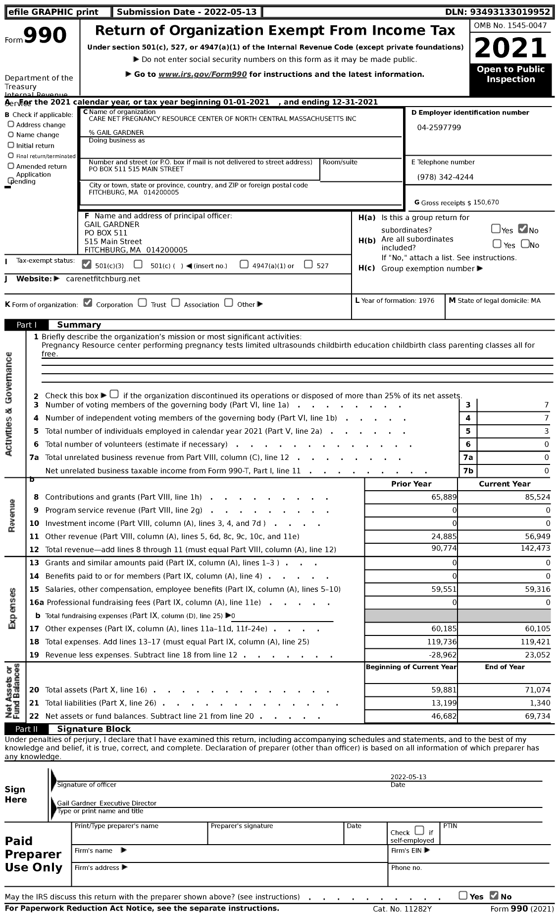 Image of first page of 2021 Form 990 for Carenet Net Pregnancy Resource Center of North Central Massachusetts
