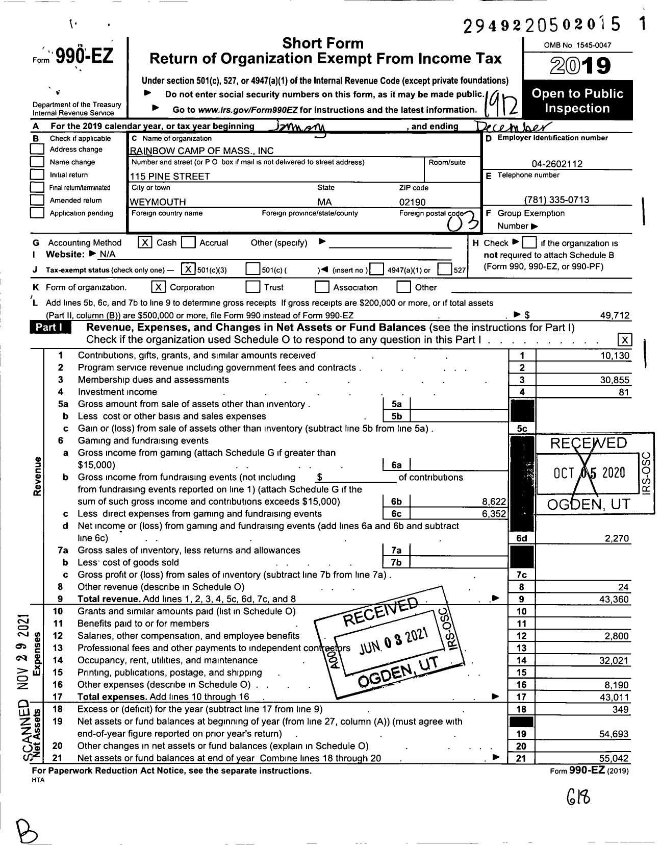 Image of first page of 2019 Form 990EZ for Rainbow Camp of Massachusetts E Carol K Milne President