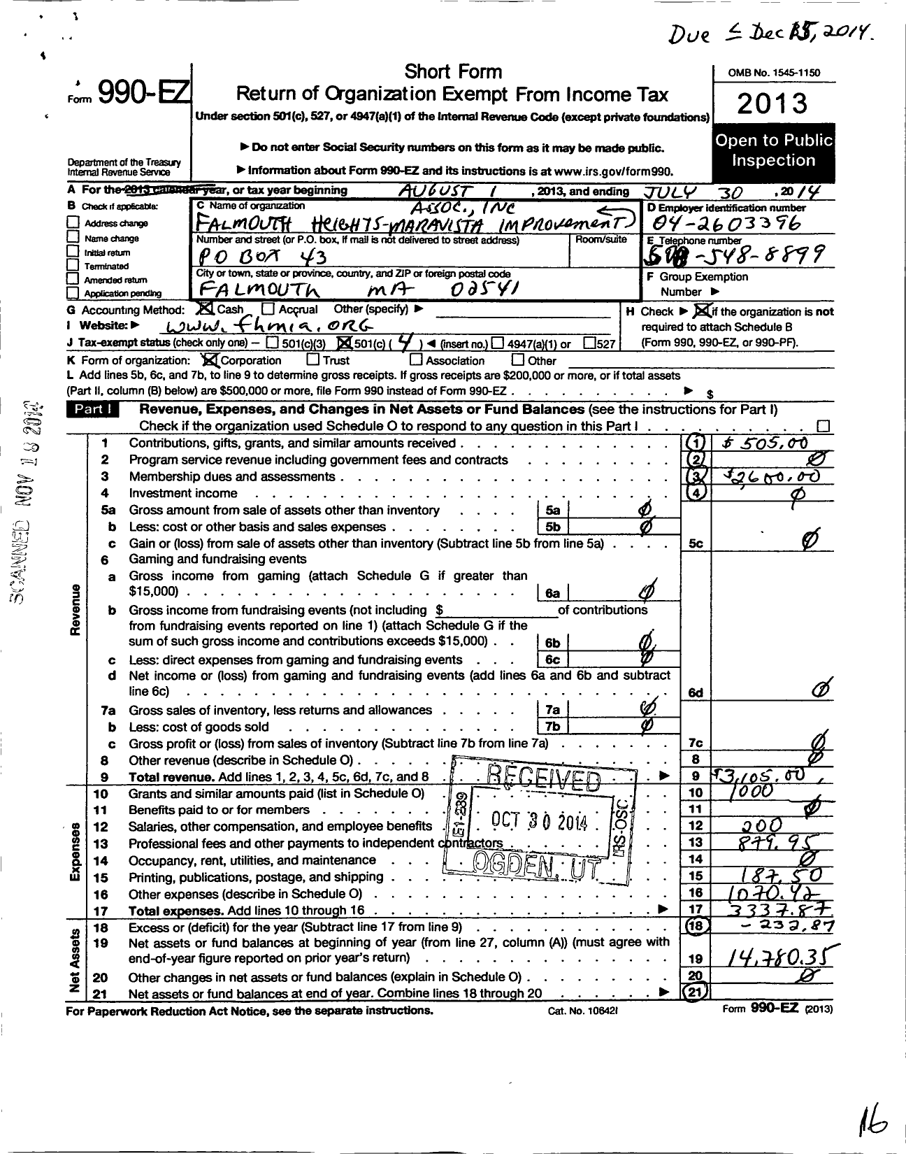 Image of first page of 2013 Form 990EO for Falmouth Heights-Maravista Neighborhood Association