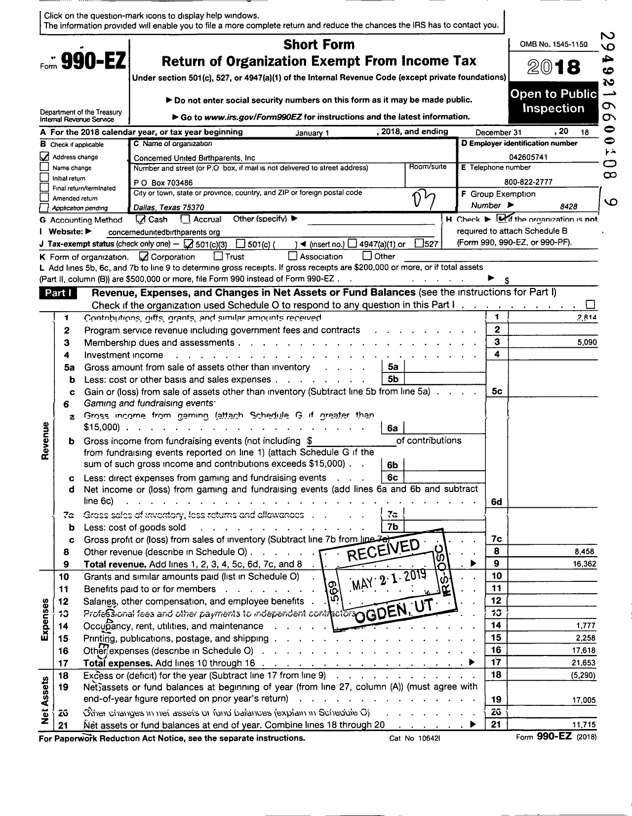 Image of first page of 2018 Form 990EZ for Concerned United Birthparents