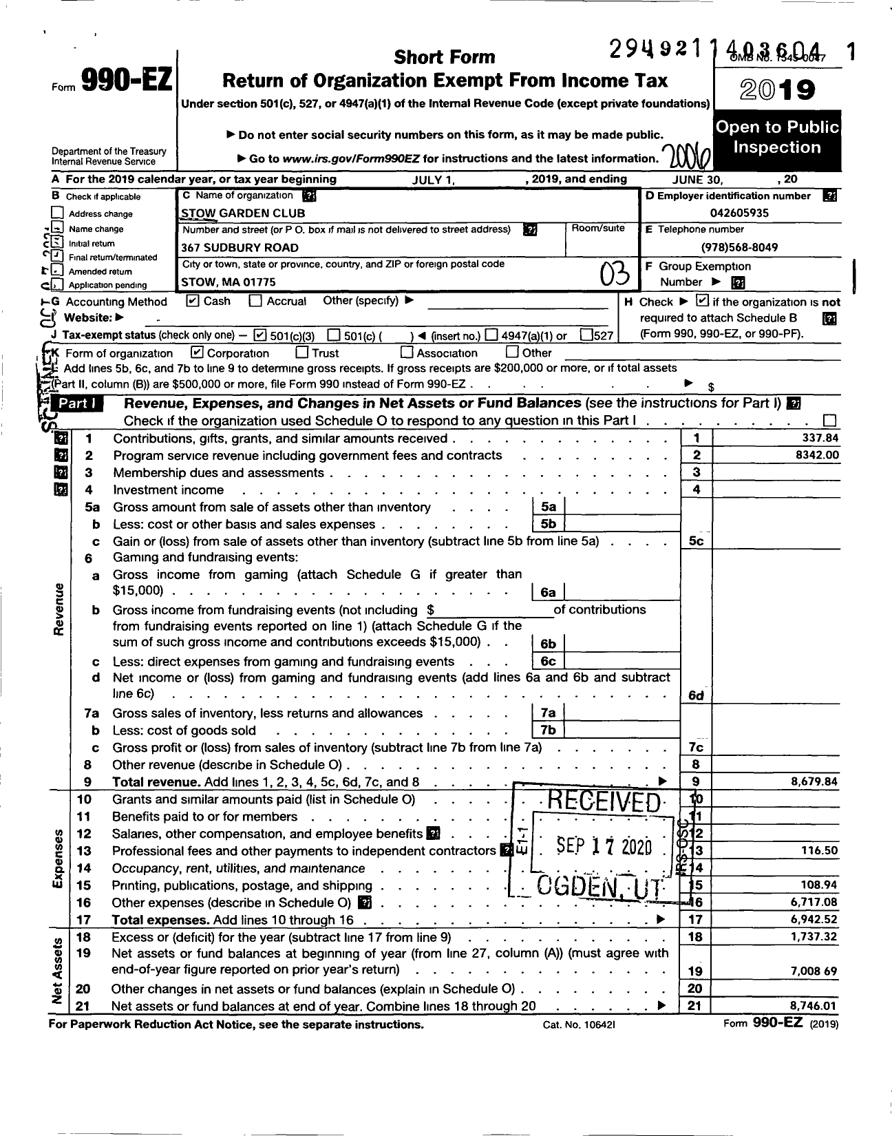 Image of first page of 2019 Form 990EZ for Stow Garden Club