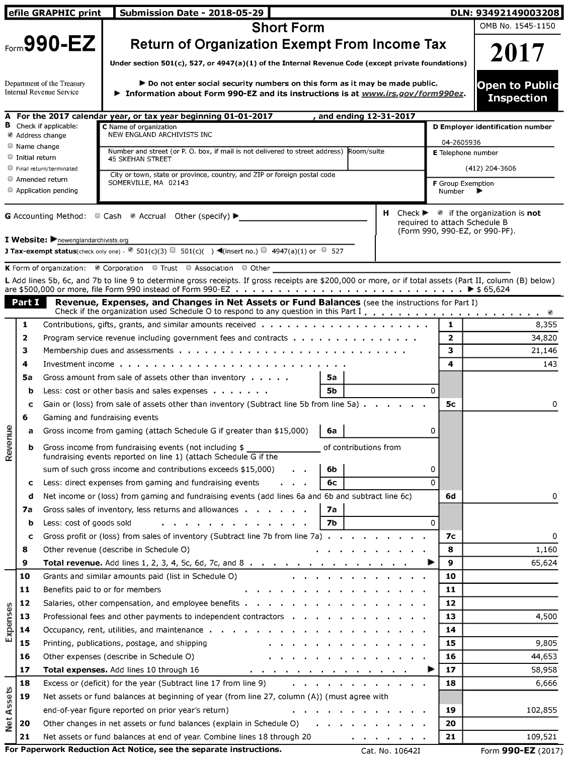 Image of first page of 2017 Form 990EZ for New England Archivists