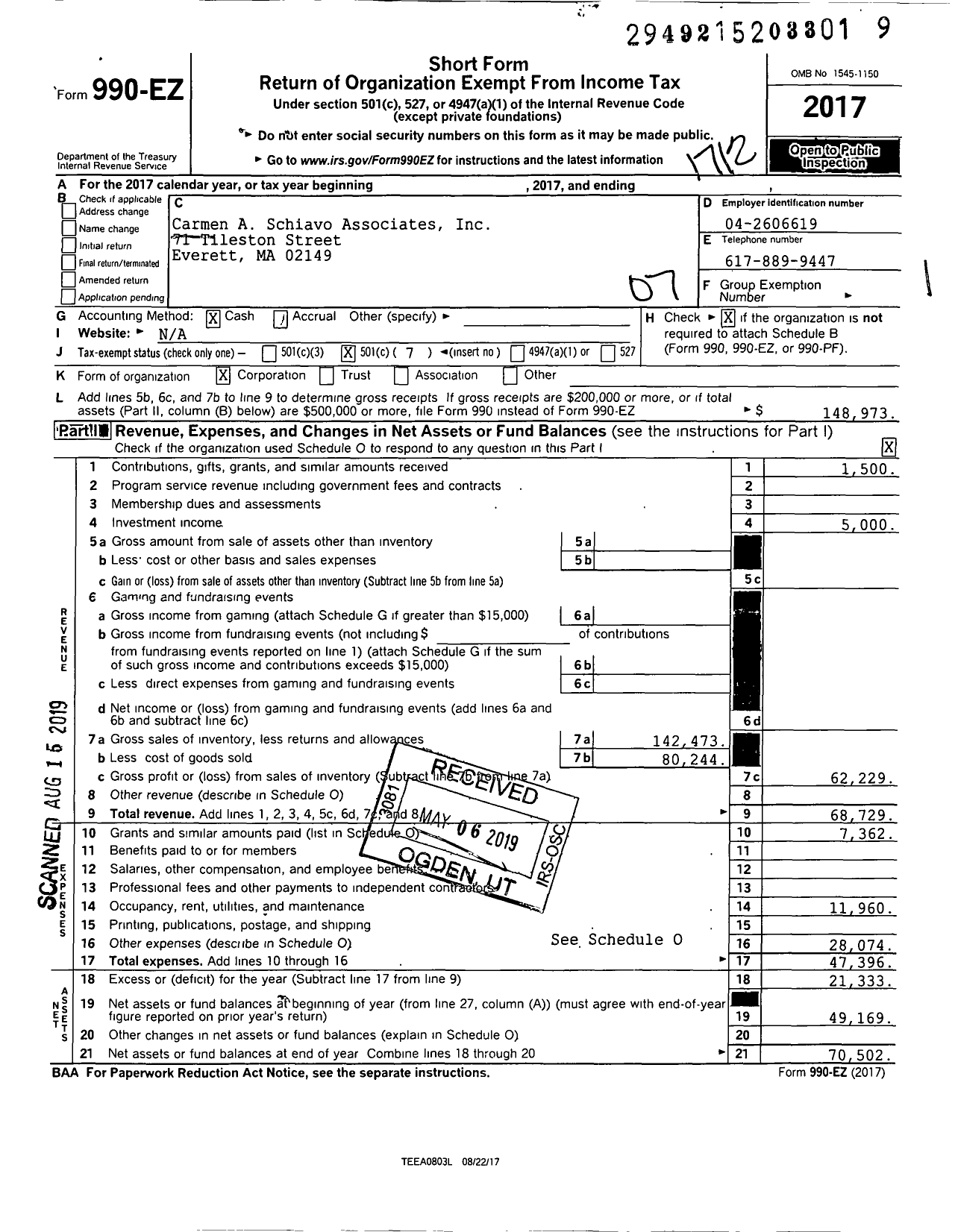 Image of first page of 2017 Form 990EO for Carmen A Schiavo Associates